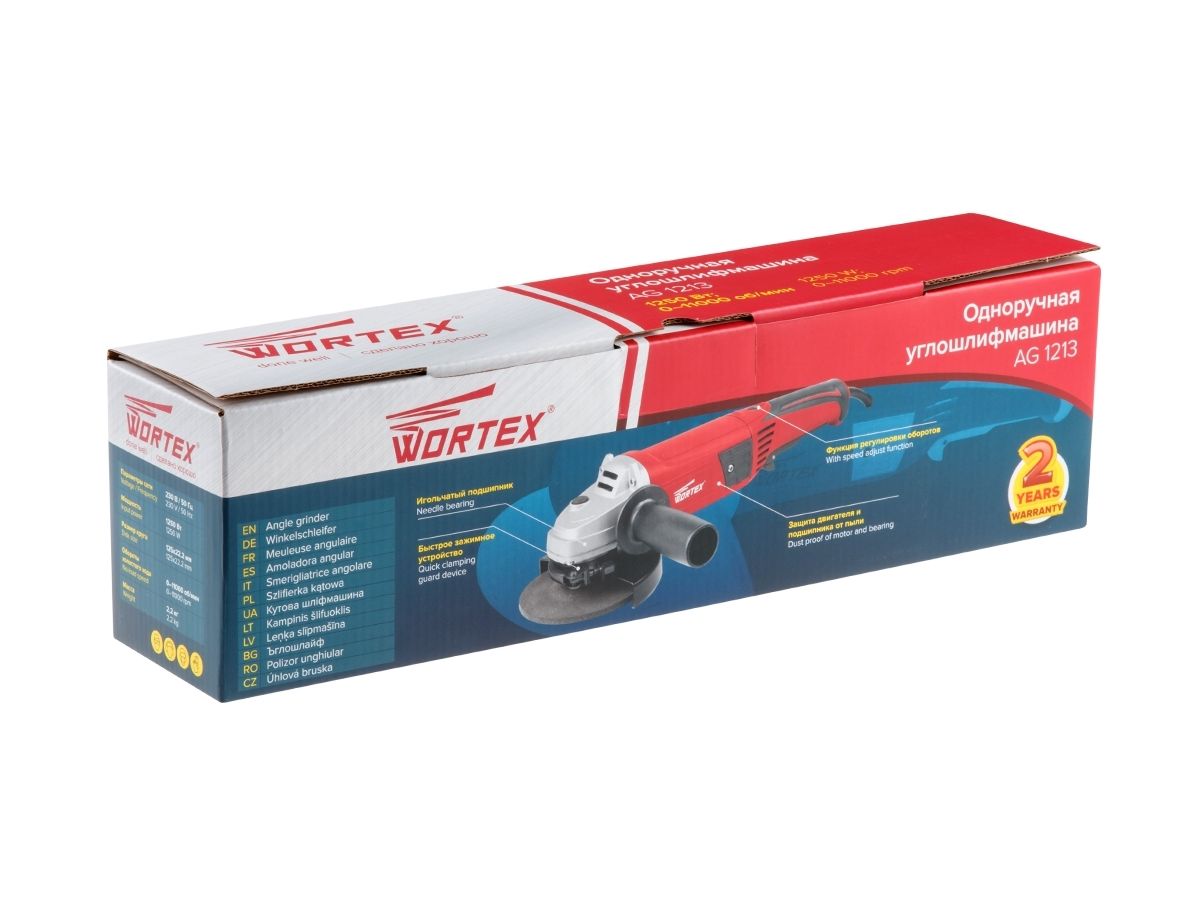 Одноручная углошлифмашина WORTEX AG 1213 в кор. (1250 Вт, диск 125х22 мм,  регул. об.) (AG121300018)